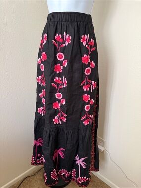 Johnny Was Black Maxi Skirt with Pink Floral Embroidery